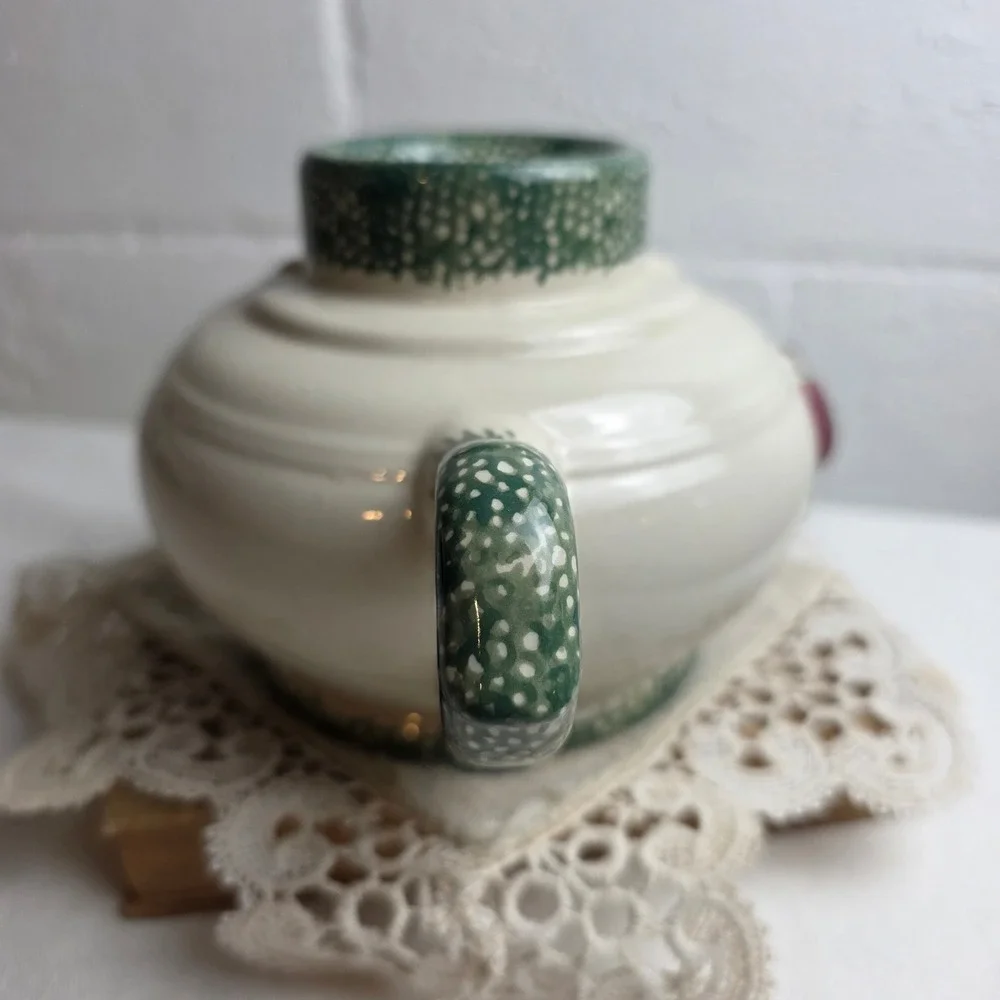 Vintage Ceramic Apple Candle Holder Double Handle Farmhouse Speckled Cream Green